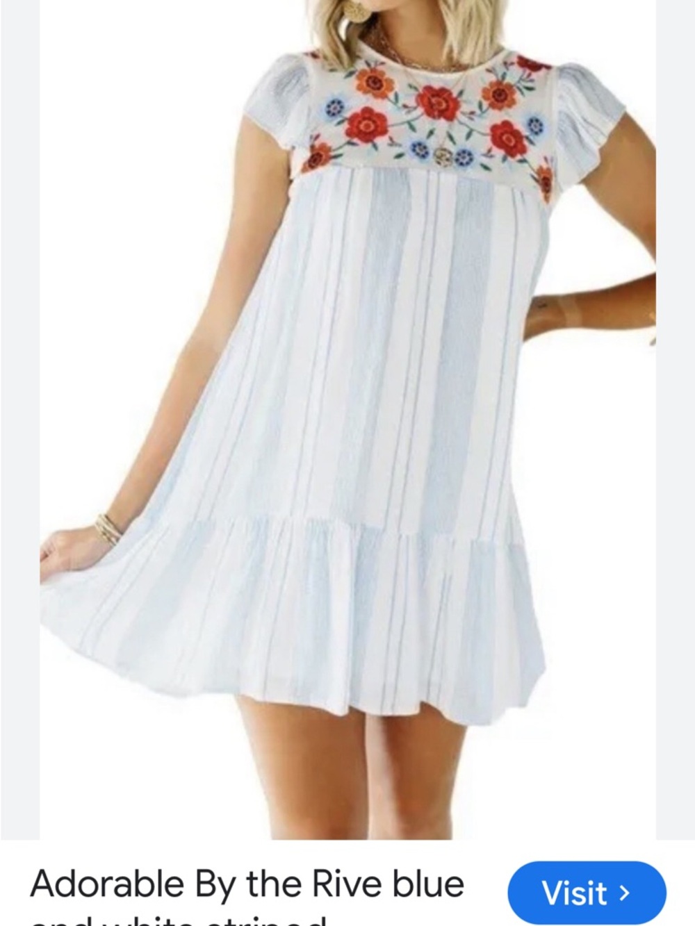 ' Light Blue Striped Dress with Floral Embroidery